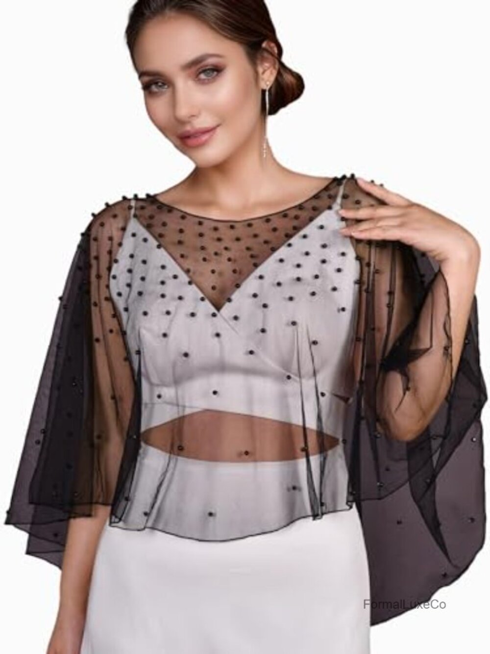 Pearl Tulle Shawl Wrap Bridal Cape Wedding Cover Up for Women